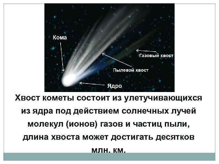 Хвост кометы состоит из улетучивающихся из ядра под действием солнечных лучей молекул (ионов) газов
