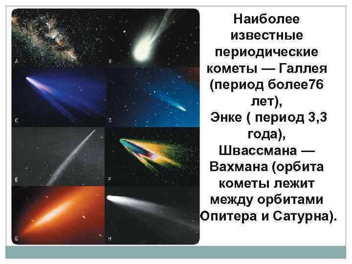 Наиболее известные периодические кометы — Галлея (период более 76 лет), Энке ( период 3,