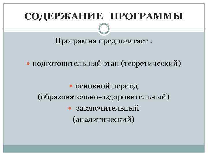 СОДЕРЖАНИЕ ПРОГРАММЫ Программа предполагает : подготовительный этап (теоретический) основной период (образовательно-оздоровительный) заключительный (аналитический) 