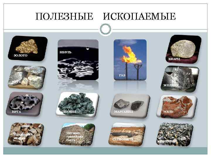 ПОЛЕЗНЫЕ ИСКОПАЕМЫЕ ИРГА ЗОЛОТО НЕФТЬ КВАРЦ ГАЗ ИРГА Природный камень ЖЕЛЕЗО СВИНЕЦ Песчаногравийная смесь