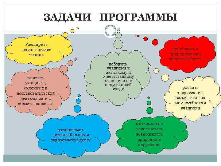 ЗАДАЧИ ПРОГРАММЫ Расширить экологические знания приобщить к природоохранн ой деятельности побудить выявить учащихся, склонных