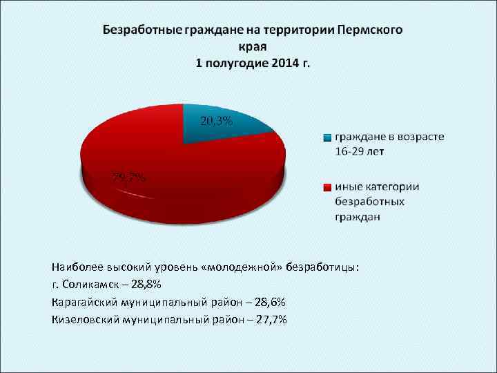 Наиболее высокий уровень «молодежной» безработицы: г. Соликамск – 28, 8% Карагайский муниципальный район –