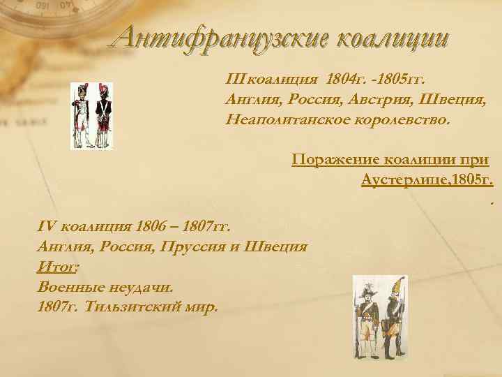 Антифранцузские коалиции III коалиция 1804 г. -1805 гг. Англия, Россия, Австрия, Швеция, Неаполитанское королевство.