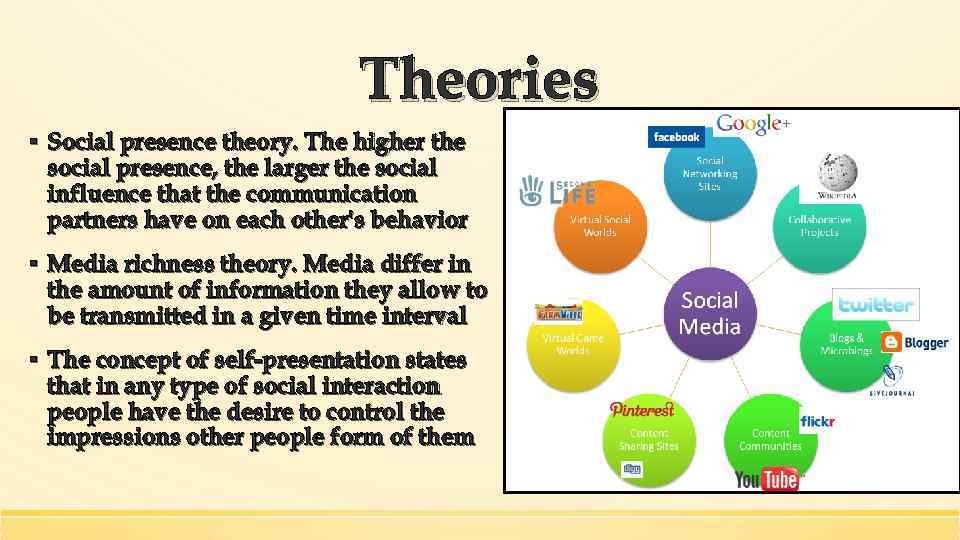 Theories ▪ Social presence theory. The higher the social presence, the larger the social
