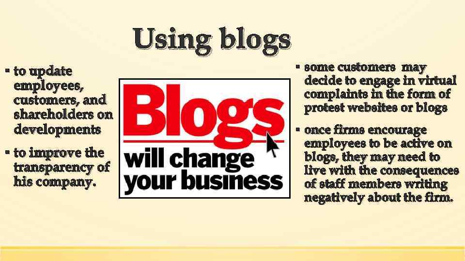 Using blogs ▪ to update employees, customers, and shareholders on developments ▪ to improve
