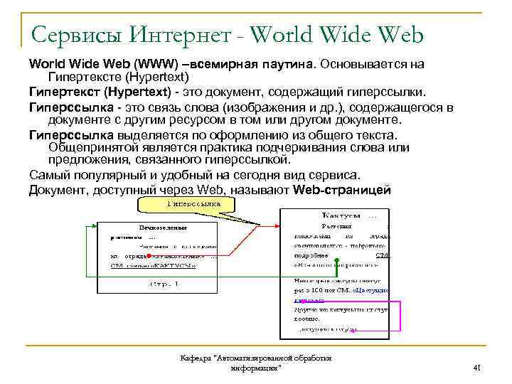 Сервисы Интернет - World Wide Web (WWW) –всемирная паутина. Основывается на Гипертексте (Hypertext) Гипертекст