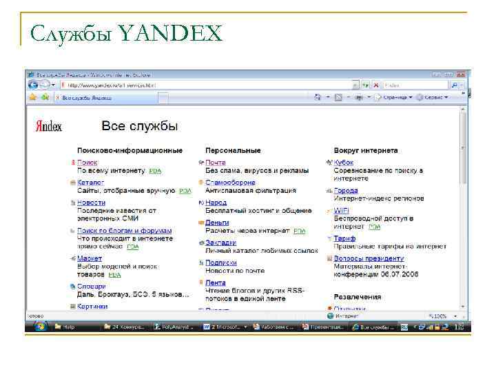 Службы YANDEX 