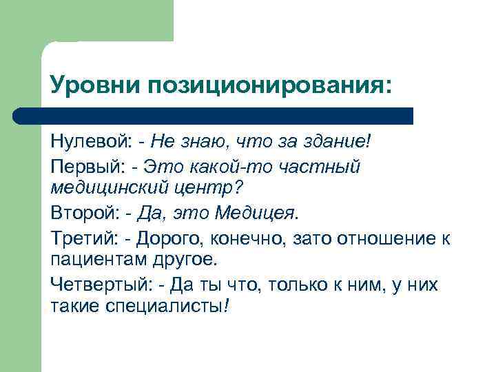 Уровни позиционирования: Нулевой: - Не знаю, что за здание! Первый: - Это какой-то частный