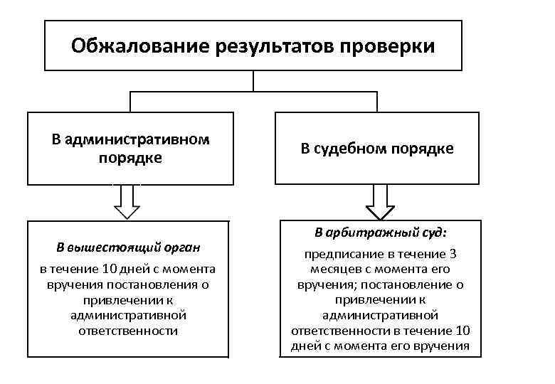 Обжалование результатов проверки В административном порядке В вышестоящий орган в течение 10 дней с