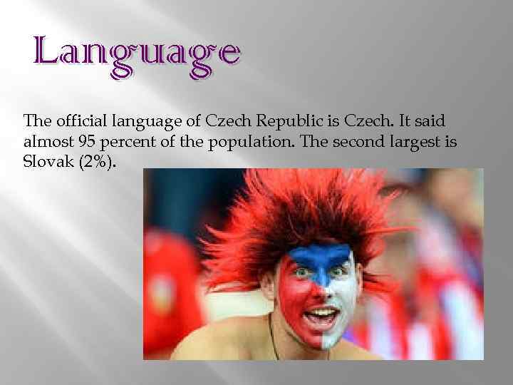 Language The official language of Czech Republic is Czech. It said almost 95 percent