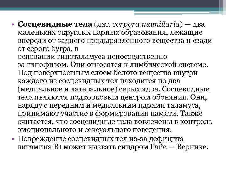  • Сосцевидные тела (лат. corpora mamillaria) — два маленьких округлых парных образования, лежащие