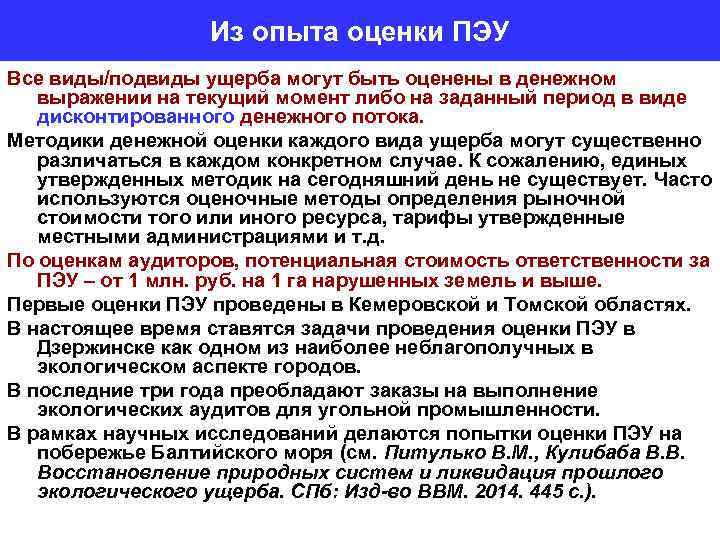 Из опыта оценки ПЭУ Все виды/подвиды ущерба могут быть оценены в денежном выражении на