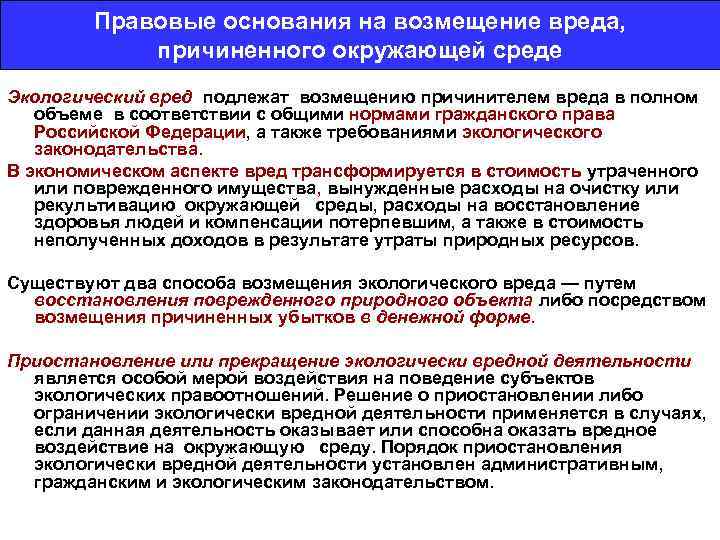 Правовые основания на возмещение вреда, причиненного окружающей среде Экологический вред подлежат возмещению причинителем вреда