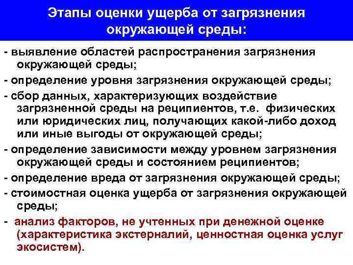 Этапы оценки ущерба от загрязнения окружающей среды: - выявление областей распространения загрязнения окружающей среды;