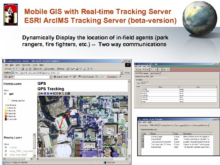 Mobile GIS with Real-time Tracking Server ESRI Arc. IMS Tracking Server (beta-version) Dynamically Display