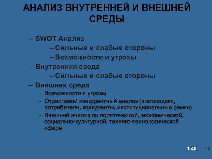 АНАЛИЗ ВНУТРЕННЕЙ И ВНЕШНЕЙ СРЕДЫ – SWOT Анализ – Сильные и слабые стороны –