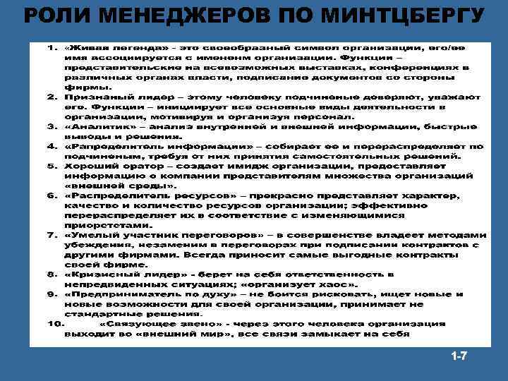 РОЛИ МЕНЕДЖЕРОВ ПО МИНТЦБЕРГУ 1 -7 