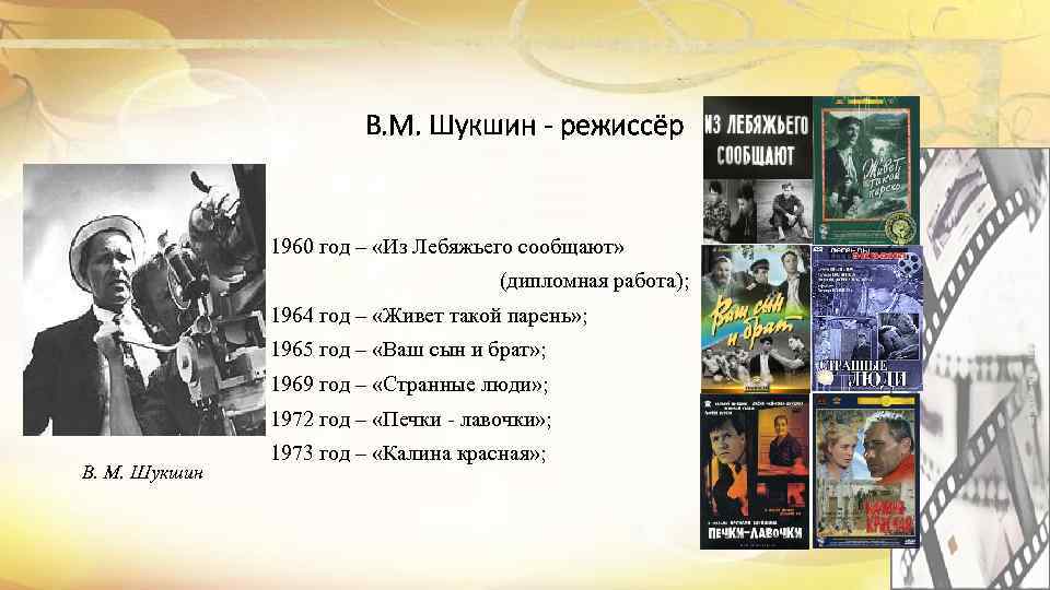 В. М. Шукшин - режиссёр 1960 год – «Из Лебяжьего сообщают» (дипломная работа); 1964