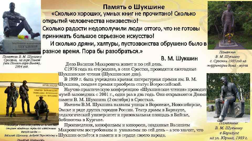 Память о Шукшине «Сколько хороших, умных книг не прочитано! Сколько открытий человечества неизвестно! Сколько