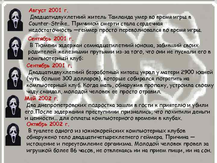 Август 2001 г. Двадцатидвухлетний житель Таиланда умер во время игры в Counter-Strike. . Причиной