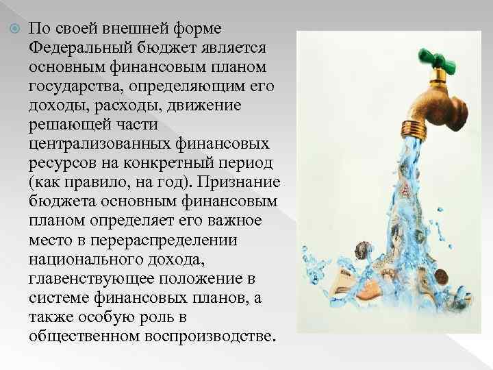  По своей внешней форме Федеральный бюджет является основным финансовым планом государства, определяющим его