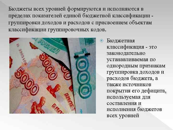 Бюджеты всех уровней формируются и исполняются в пределах показателей единой бюджетной классификации группировки доходов