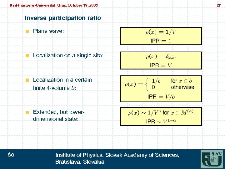 Karl-Franzens-Universität, Graz, October 19, 2005 Karl-Franzens-Universität, Graz, Inverse participation ratio Plane wave: Localization on