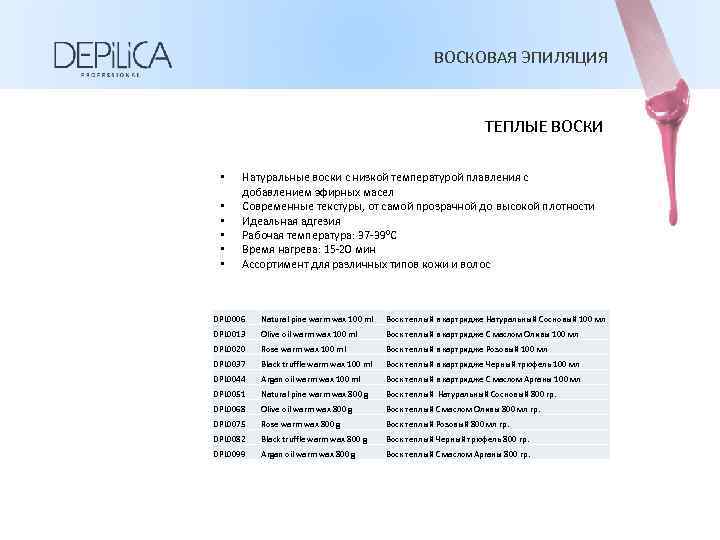 ВОСКОВАЯ ЭПИЛЯЦИЯ ТЕПЛЫЕ ВОСКИ • • • Натуральные воски с низкой температурой плавления с