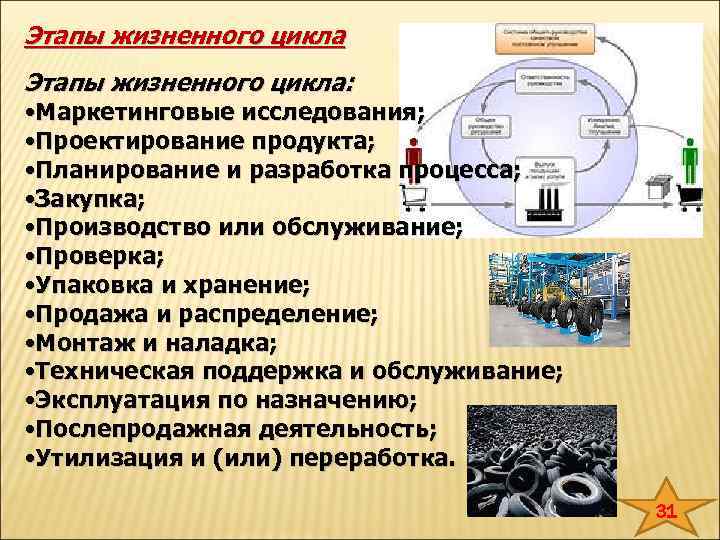 Этапы жизненного цикла: • Маркетинговые исследования; • Проектирование продукта; • Планирование и разработка процесса;