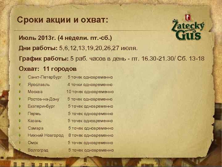 Сроки акции и охват: Июль 2013 г. (4 недели. пт. -сб. ) Дни работы: