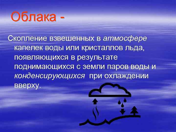 Облака Скопление взвешенных в атмосфере капелек воды или кристаллов льда, появляющихся в результате поднимающихся