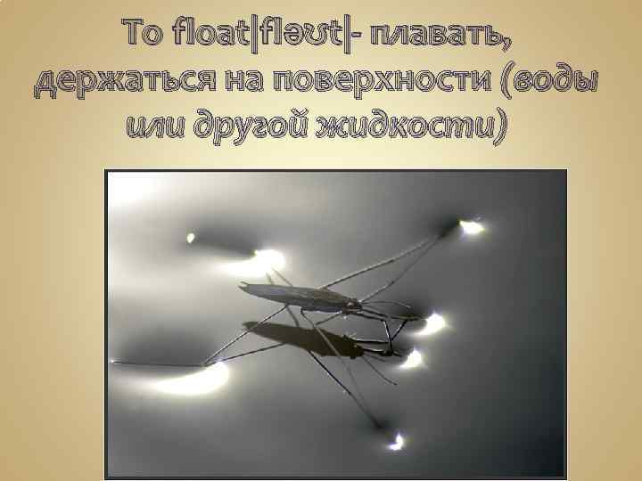 To float|fləʊt|- плавать, держаться на поверхности (воды или другой жидкости) 