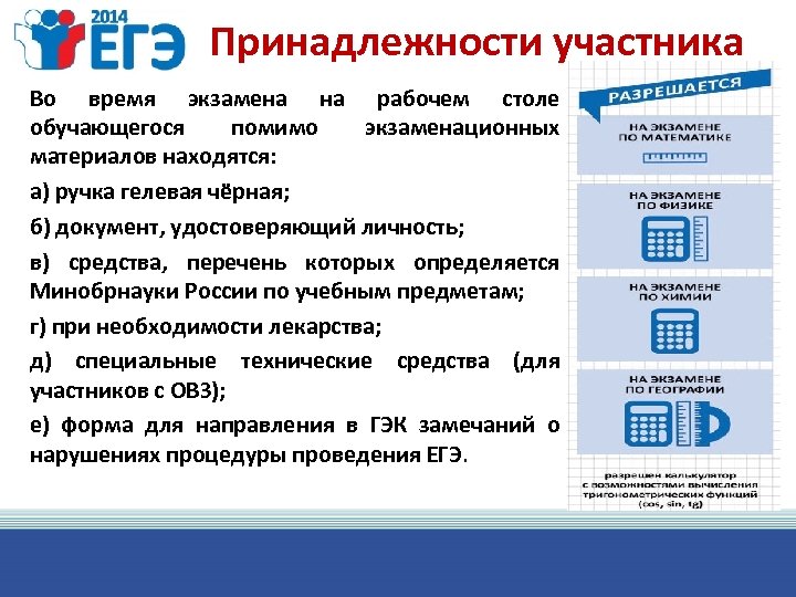 Принадлежности участника Во время экзамена на рабочем столе обучающегося помимо экзаменационных материалов находятся: а)