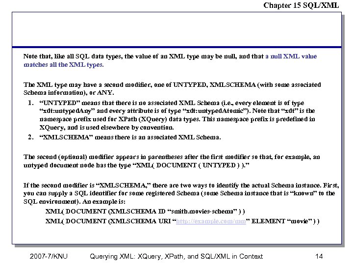 Chapter 15 SQL/XML Note that, like all SQL data types, the value of an