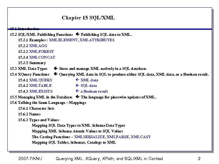 Chapter 15 SQL/XML 15. 1 Introduction 15. 2 SQL/XML Publishing Functions Publishing SQL data