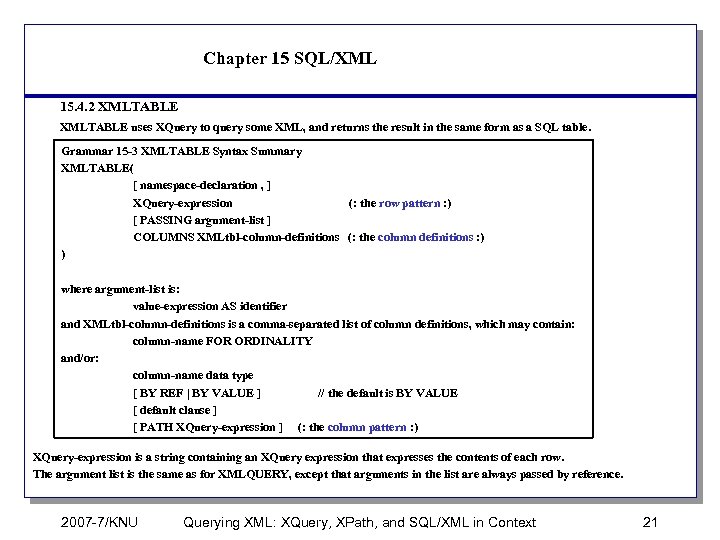 Chapter 15 SQL/XML 15. 4. 2 XMLTABLE uses XQuery to query some XML, and