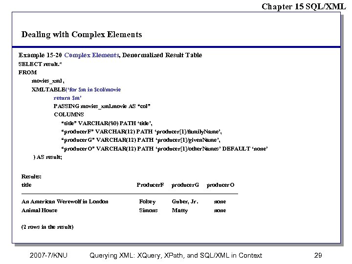Chapter 15 SQL/XML Dealing with Complex Elements Example 15 -20 Complex Elements, Denormalized Result