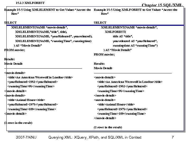 15. 2. 3 XMLFOREST Chapter 15 SQL/XML Example 15 -5 Using XMLELEMENT to Get
