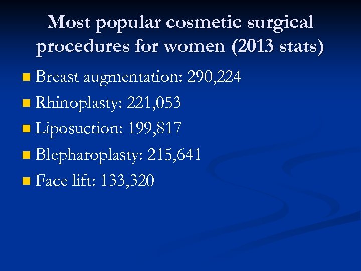Most popular cosmetic surgical procedures for women (2013 stats) Breast augmentation: 290, 224 n