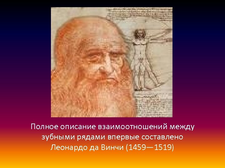 Полное описание взаимоотношений между зубными рядами впервые составлено Леонардо да Винчи (1459— 1519) 