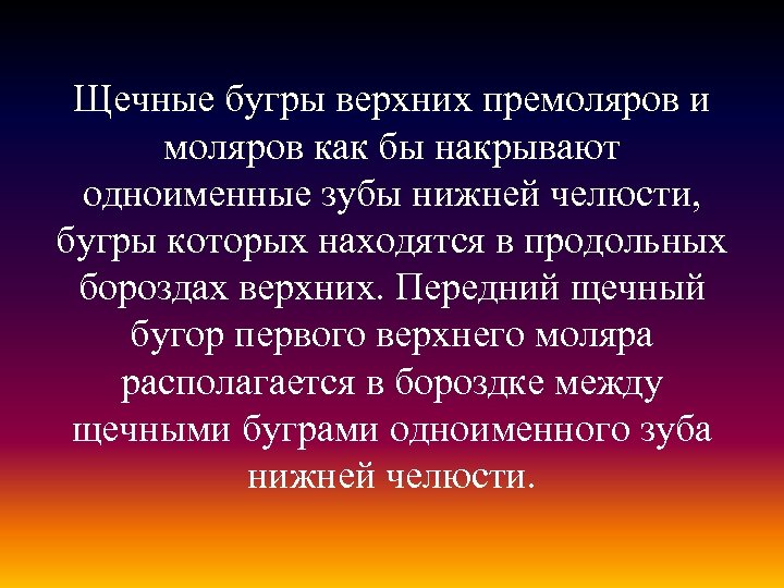 Щечные бугры верхних премоляров и моляров как бы накрывают одноименные зубы нижней челюсти, бугры
