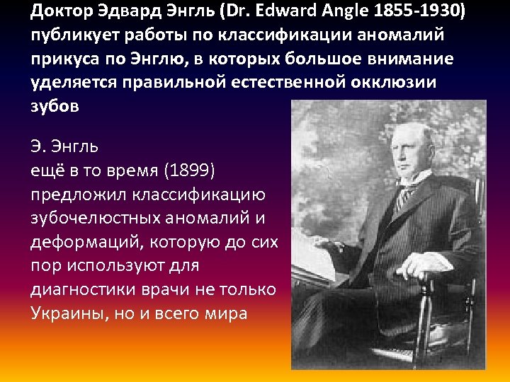 Доктор Эдвард Энгль (Dr. Edward Angle 1855 -1930) публикует работы по классификации аномалий прикуса