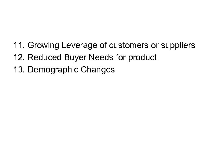 11. Growing Leverage of customers or suppliers 12. Reduced Buyer Needs for product 13.