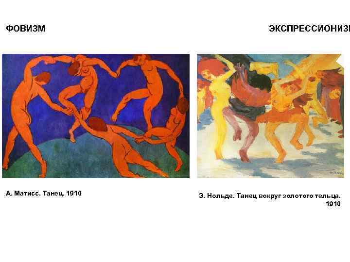 ФОВИЗМ А. Матисс. Танец. 1910 ЭКСПРЕССИОНИЗМ Э. Нольде. Танец вокруг золотого тельца. 1910 