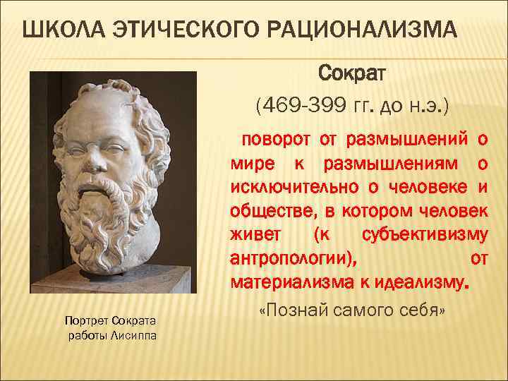 ШКОЛА ЭТИЧЕСКОГО РАЦИОНАЛИЗМА Сократ (469 -399 гг. до н. э. ) Портрет Сократа работы