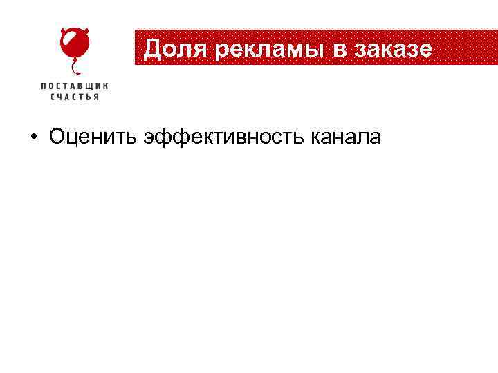 Доля рекламы в заказе • Оценить эффективность канала 