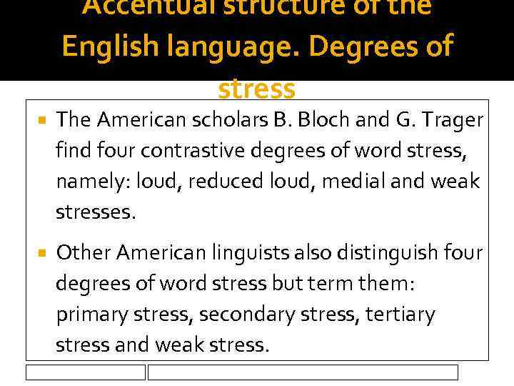 Accentual structure of the English language. Degrees of stress The American scholars B. Bloch