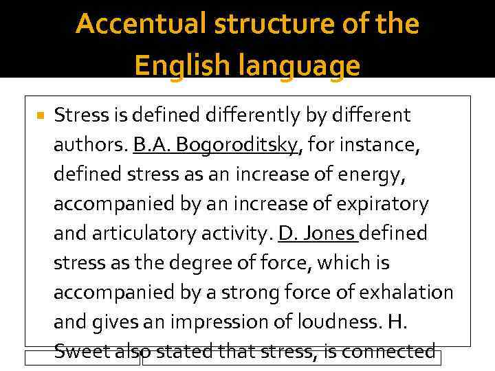Accentual structure of the English language Stress is defined differently by different authors. B.