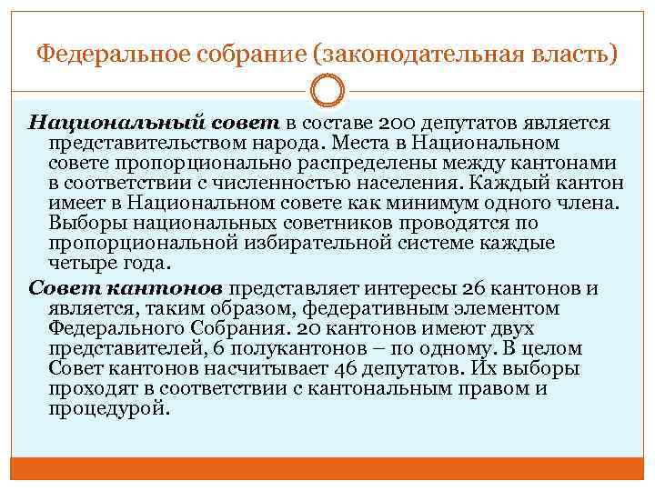Федеральное собрание (законодательная власть) Национальный совет в составе 200 депутатов является представительством народа. Места