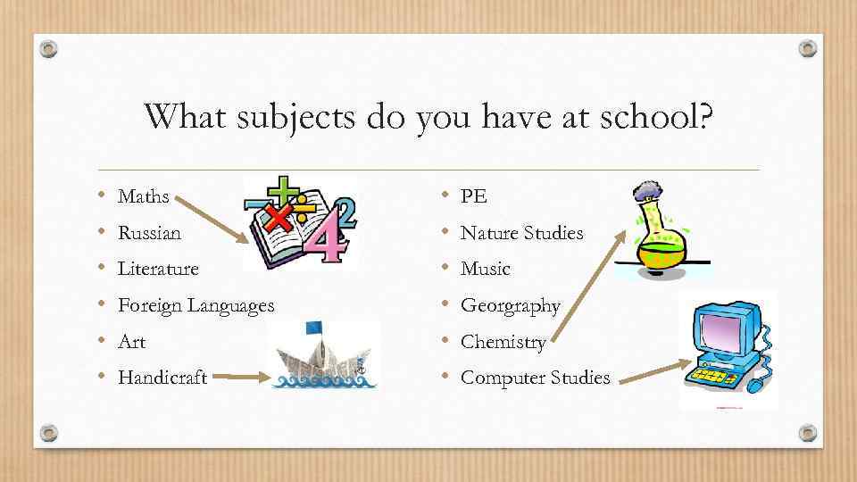 What subjects do you have at school? • • • Maths Russian Literature Foreign